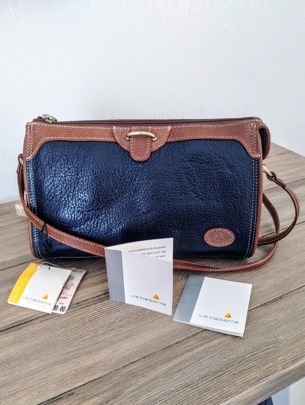 NWT Vintage Liz Claiborne Prairie Genuine Pebbled Leather Crossbody Bag Indigo